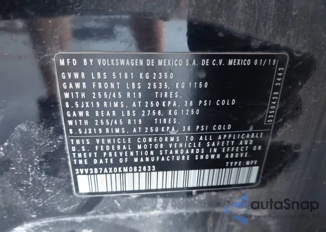2019 Volkswagen Tiguan 2.0T Se/2.0T Sel/2.0T Sel R-Line/2.0T Sel R-Line Black from USA, damaged, VIN 3VV3B7AX0KM082633